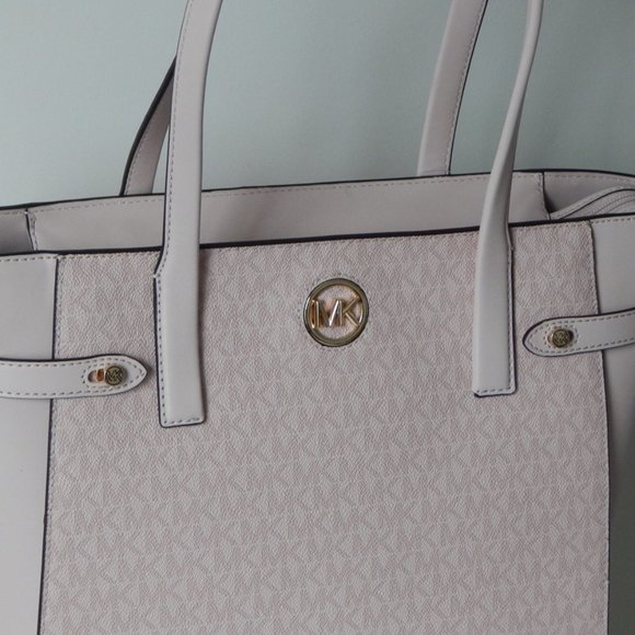 NWT $498 MICHAEL KORS CARMEN MK Monogram LARGE TZ DK PWDR BLSH Tote Shoulder BAG - Picture 8 of 11